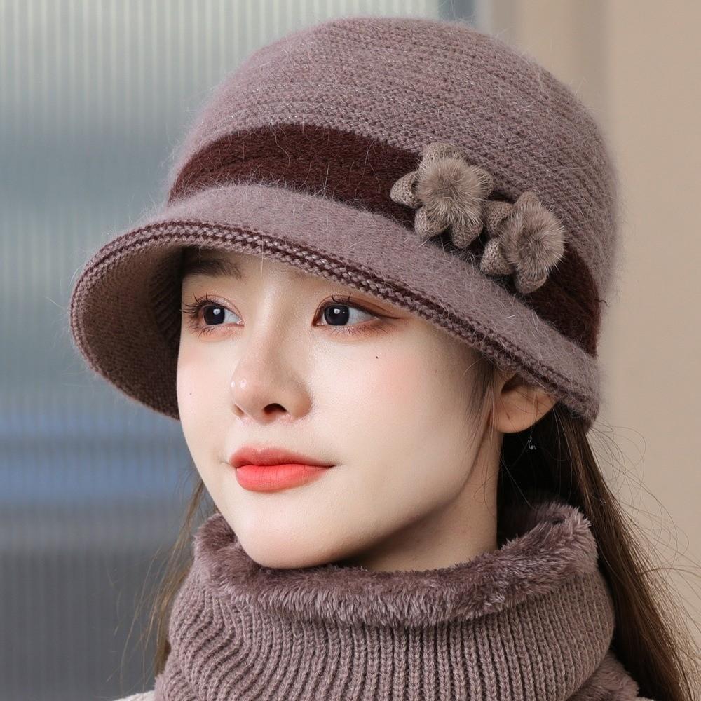 Windproof Floral Decor Hat Warm Knit Basin Cap Fashion Middle-aged Elderly Bucket Hat Winter