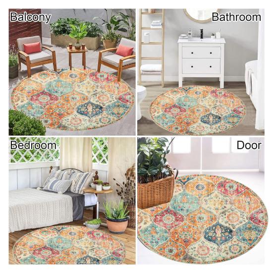 Round Moroccan Area Rug Vintage Flower Print Washable Living Room Bedroom Office