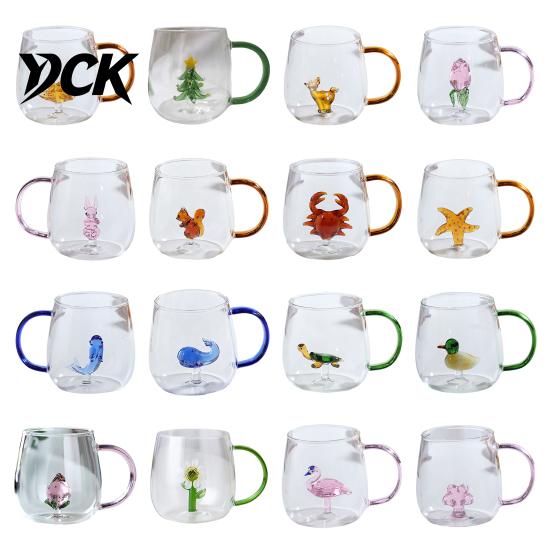 Decorative Glass Cup Handmade Animal Plant Shape Transparent Water Colorful Base Tumbler Cute Coffee Milk Drink with Handle