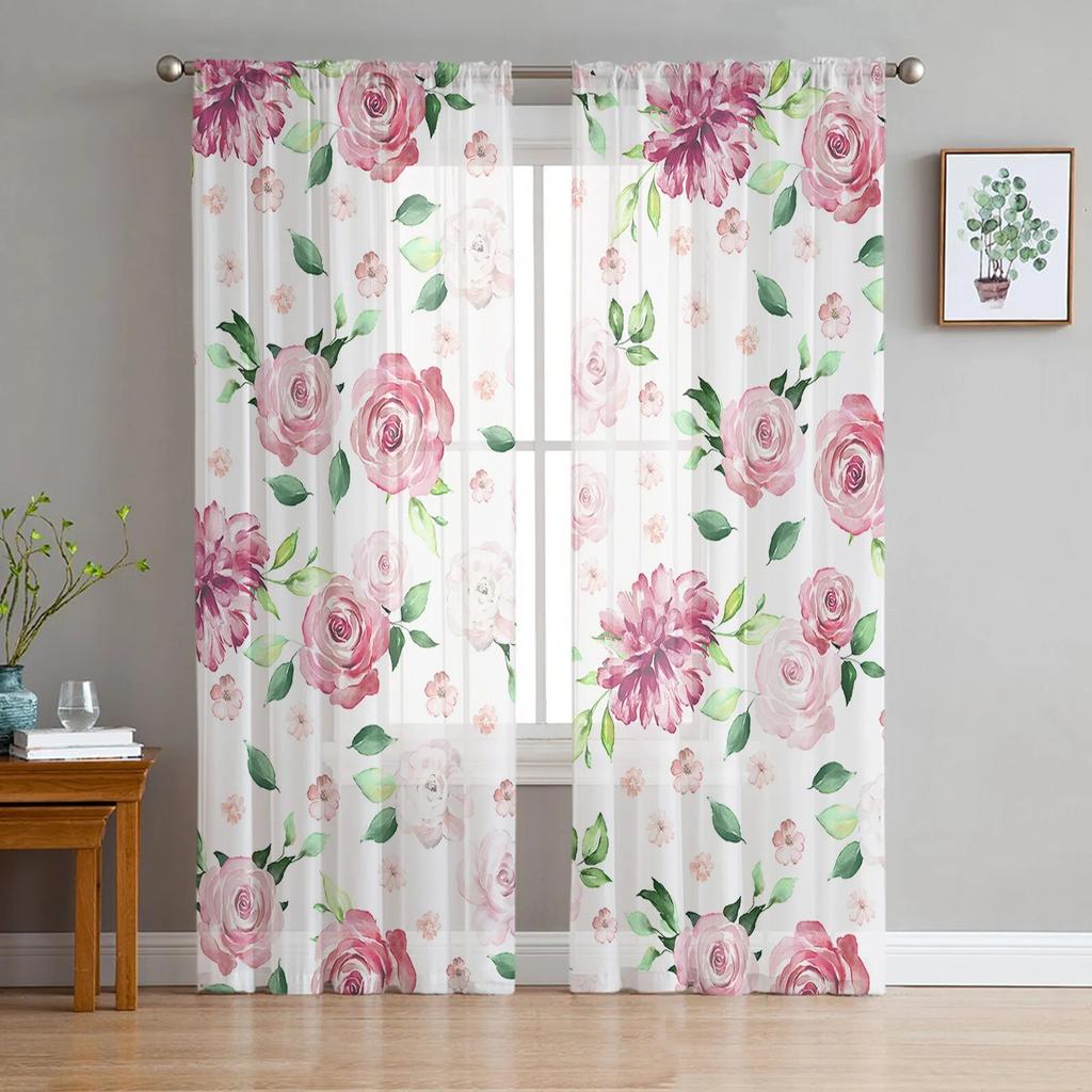 Pink Watercolor Flowers Retro Window Tulle Curtains for Living Room Bedroom Hotel Luxury Decoration Sheer Curtains