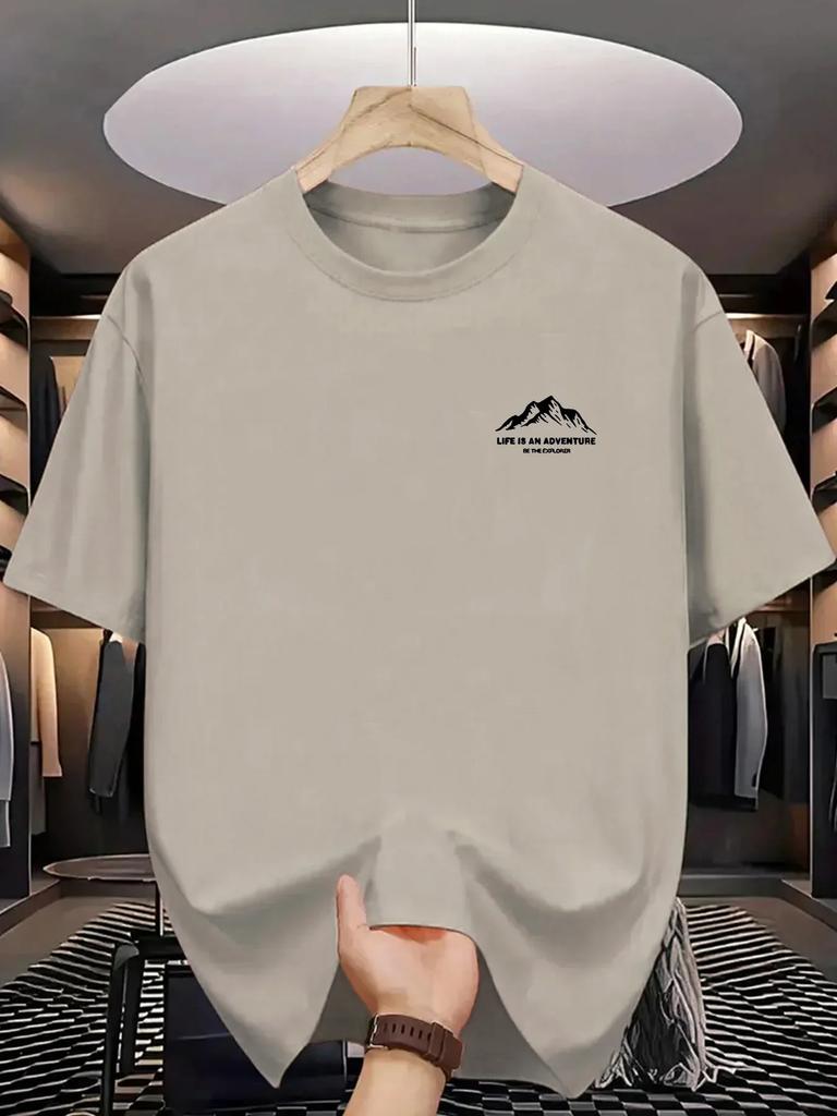 Летняя мужская футболка из 100% чистого хлопка, повседневная спортивная, свободного кроя, с принтом букв и гор, удобная, с круглым вырезом и короткими рукавами, топ#Цвет(2)
