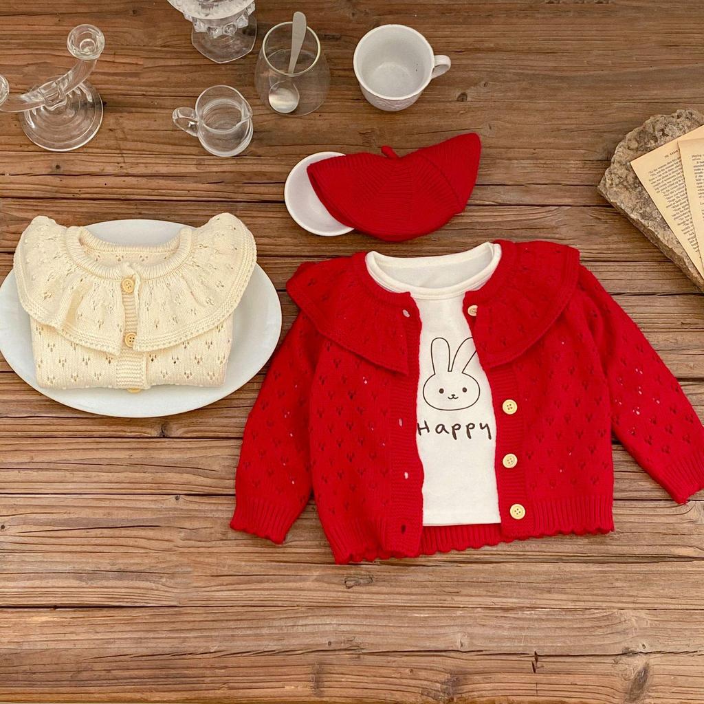 2024 Autumn/Winter Baby Girl Knitted Cotton Cardigan with Lotus Collar, 0-3 Years, Long Sleeve, Hollow Design.