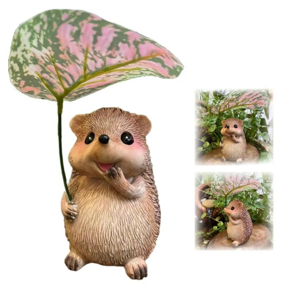 Cute Leaf Umbrella Hedgehog Figurine Weatherproof Handmade Garden Hedgehog Statue Resin Small Hedgehog Sculpture