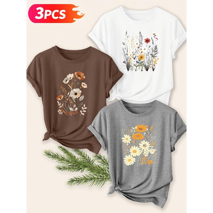 Three-piece set Elegant short-sleeved shirt for women Vintage Daisy Wildflower Print Round Neck Women's T Shirt Suitable for spring