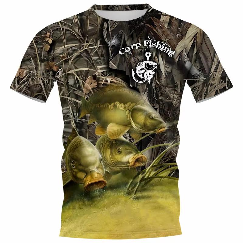 Retro Men's T-shirt, Outdoor Sports Short Sleeved T-shirt with 3D Fishing Print, Men's Casual T-shirt, Loose T-shirt, Men's Streetwear