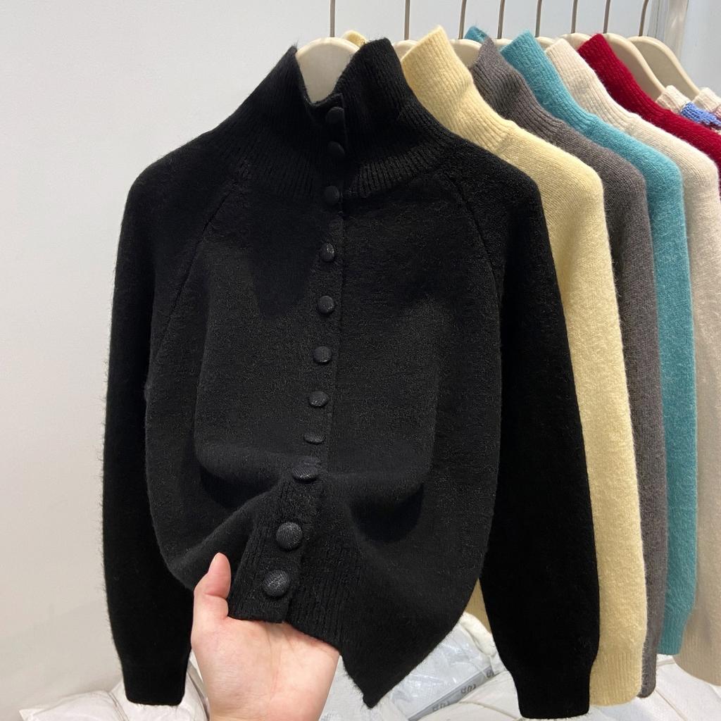 Angola Red Retro Knitted Sweater Women's Thickened Turtleneck Single-breasted Top Jacket Autumn and Winter Temperament Age-reducing Cardigan