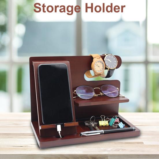 Phone Holder Stable Multifunctional Wooden Phone Organizer Key Wallet Watch Storage Shelf for Bedside Table