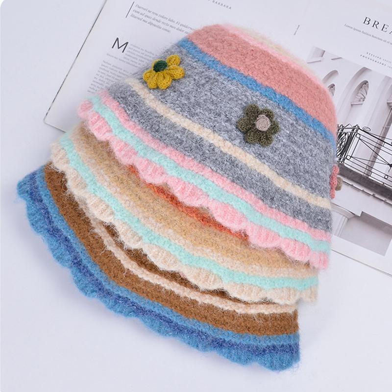 Вязаная шапка-тазик, шерстяная шапка осень-зима, женская шляпа рыбака с красочными цветами