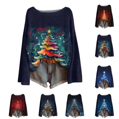 Женский модный повседневный трикотажный свитер с длинным рукавом и рождественским принтом, круглый вырез