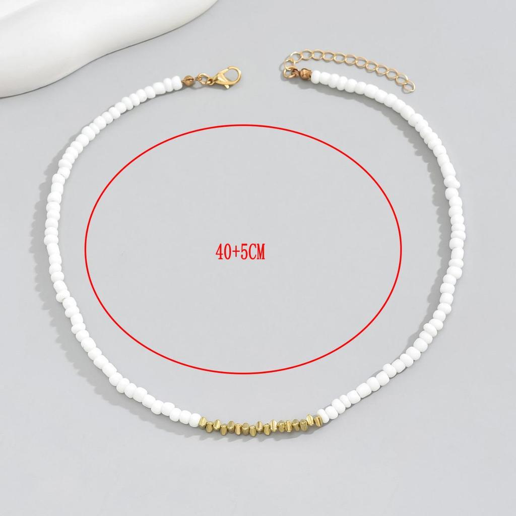 Versatile Women's High-End Glass Necklace: Seed Bead & Metal Bar Chain, Short Style