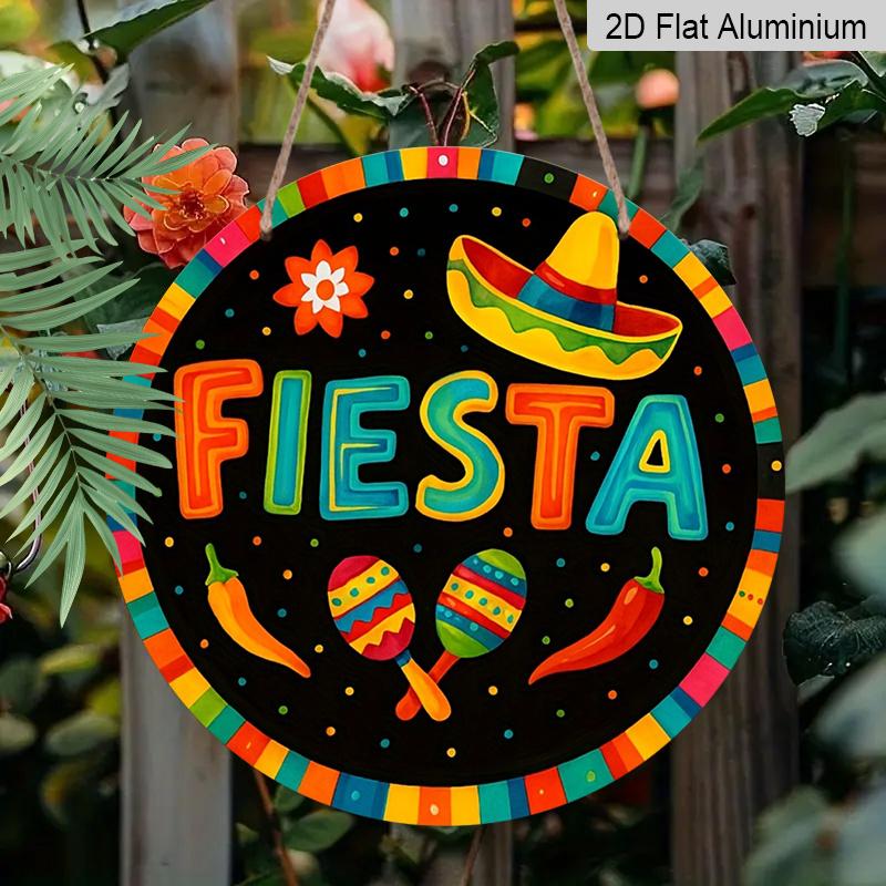 Плоский 2D, 1 шт. Круглая алюминиевая подвесная табличка 'Fiesta', Разноцветный дизайн с сомбреро, маракасами, перцем чили, Яркий металлический настенный декор к Cinco De Mayo
