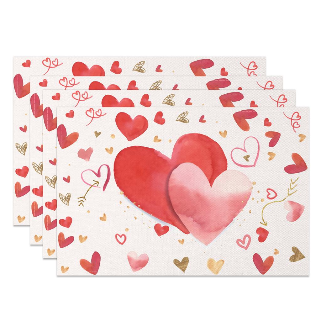 Heart Shape Placemats Romantic Love Pattern 4pc Linen Dining Mats Heat Resistant Valentine's Day Wedding Anniversary Party Decor