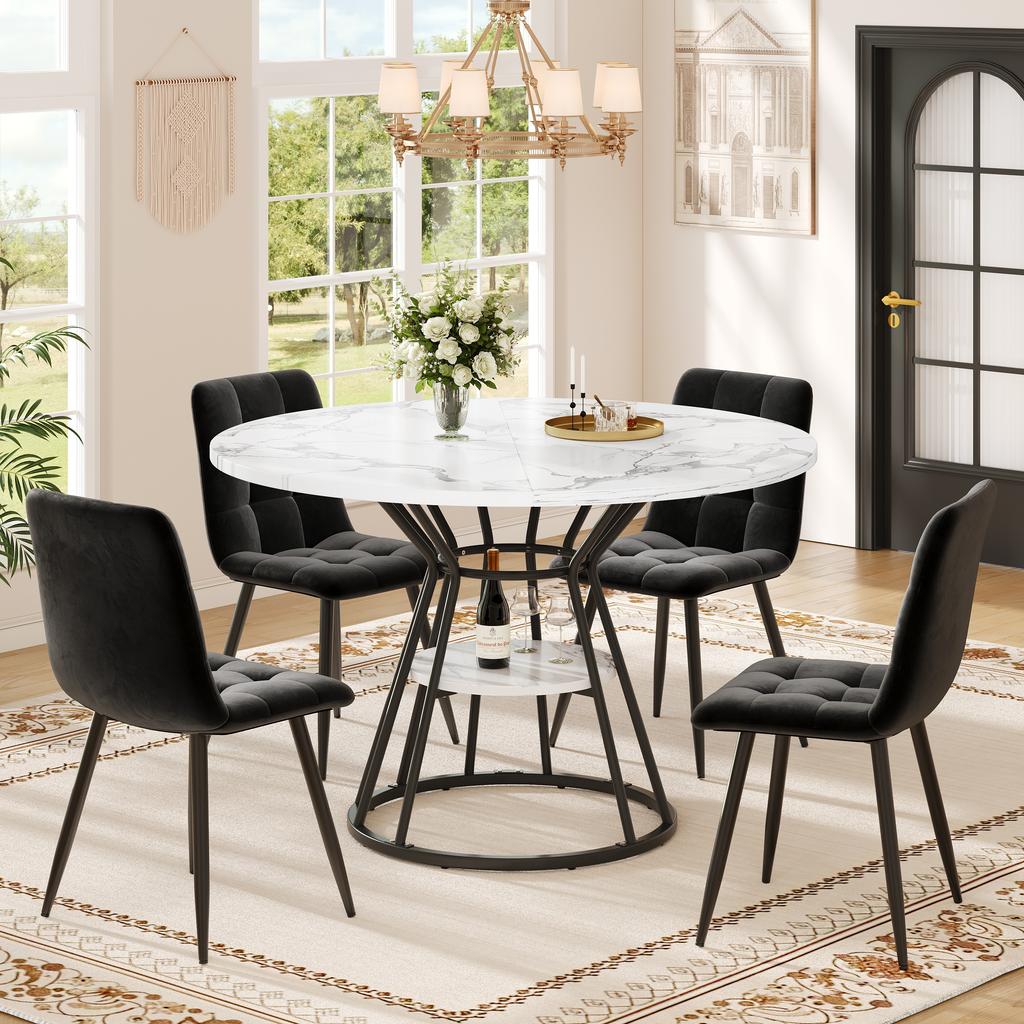 Table Set (5-Piece), Dining Table 100 x 100 x 76 cm (incl. 4 Chairs), Coffee Table for 4 People, Velvet Chair (incl. Marble Top), Black Chair
