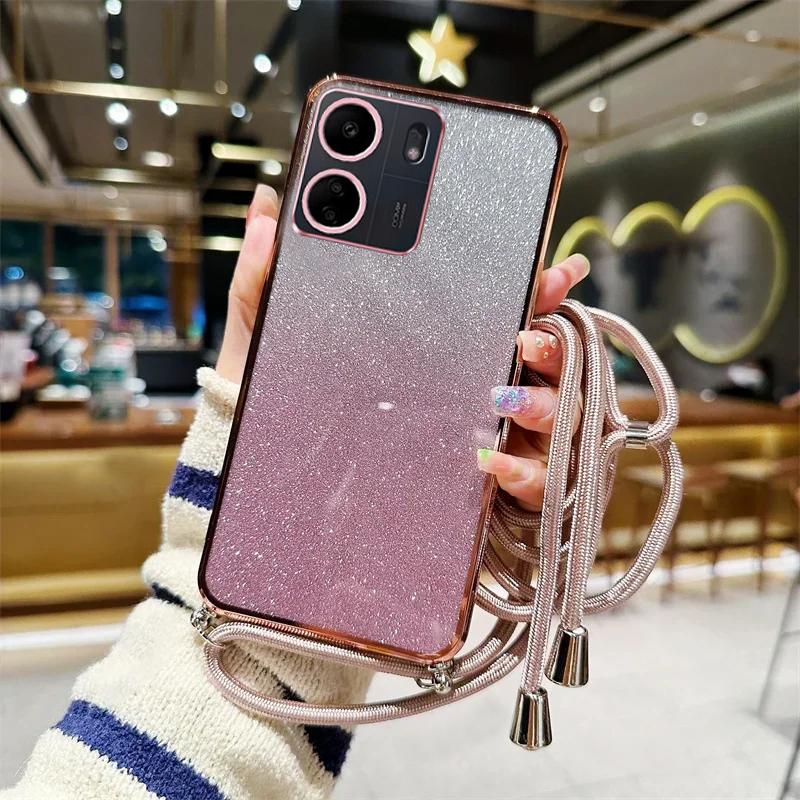 Для Xiaomi Redmi 13C 12C 10C 9C 9A A2 A1 Plus A3 Ремешок-шнурок на шею через плечо Градиентный блестящий силиконовый чехол на Redmi13C