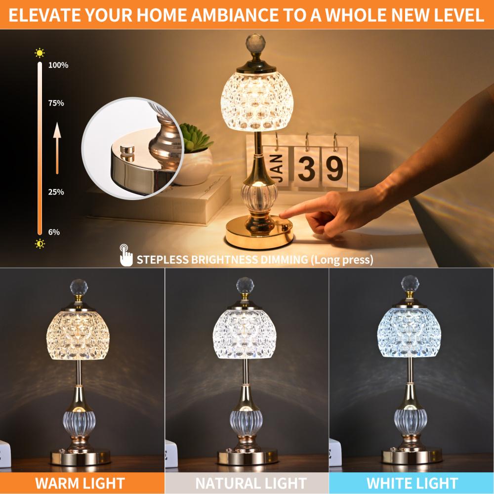 Беспроводная настольная лампа Crystal LED Touch Lamp со встроенным аккумулятором емкостью 5200 мАч и беспроводной зарядкой через USB - регулируемый свет, 3 цвета света