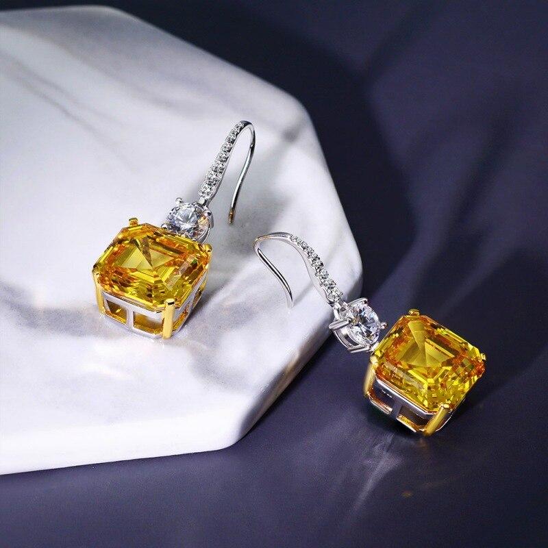 S925 Sterling Silver Luxury Yellow Diamond Dangle Earring For Women Wedding Engagement Female White Earrings Jewelry Ladies