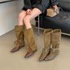Niche design square head strap stacking boots women's autumn and winter new thick heel knight boots