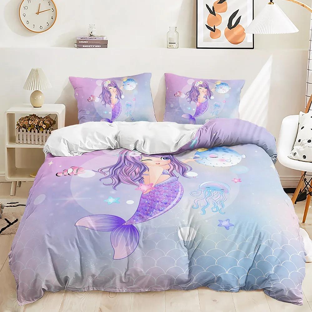 Cartoon Mermaid Bedding Set Comfortable Duvet Quilt Cover Pillowcase Bedding Set Children Bedroom Decoration Home Textile