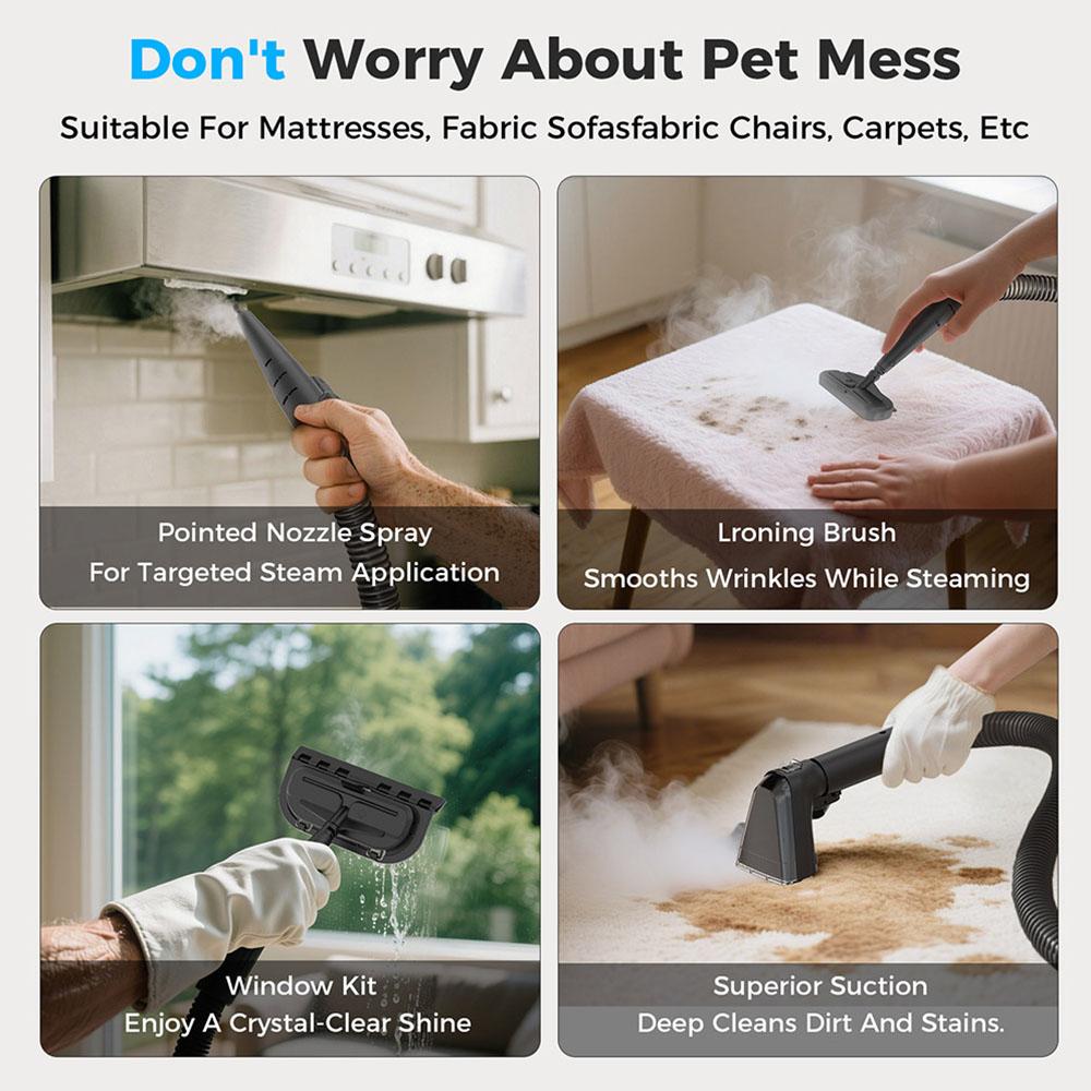 Teendow C6 MAX 3-в-1 Очиститель обивки и ковров, 1650 Вт пар, 12000 Па всасывание, двойные резервуары, подходит для домашних животных
