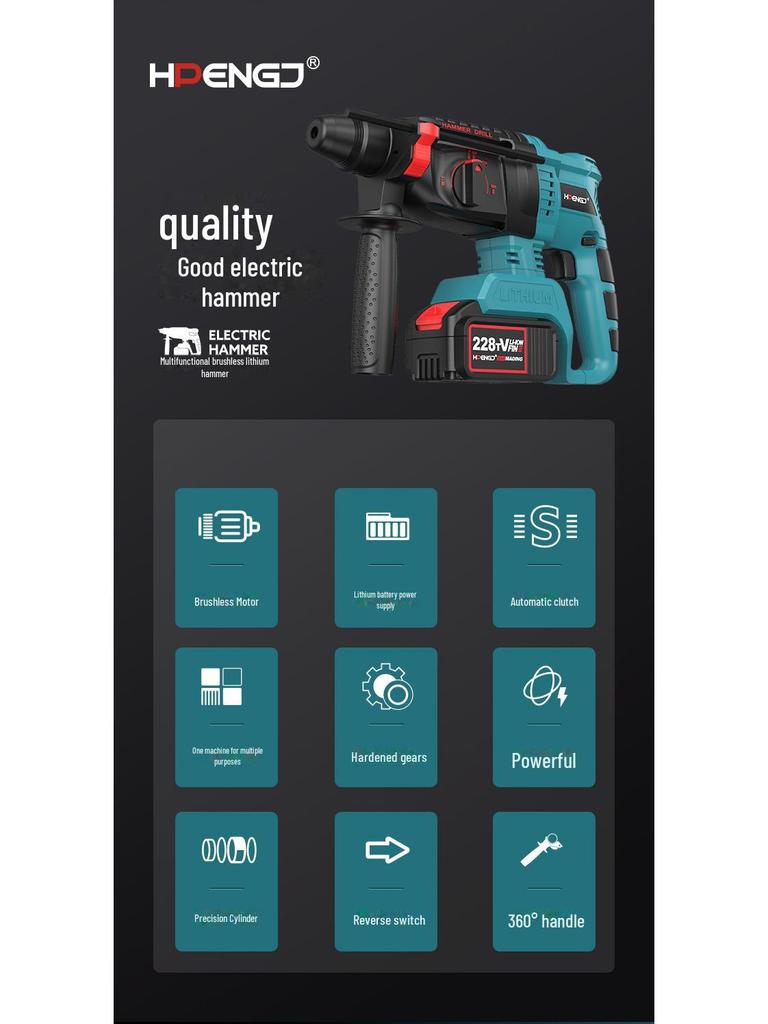 21 В бесщеточный аккумуляторный электрический перфоратор, мощный беспроводной ударный инструмент по бетону, литиевый электрический отбойный молоток двойного назначения