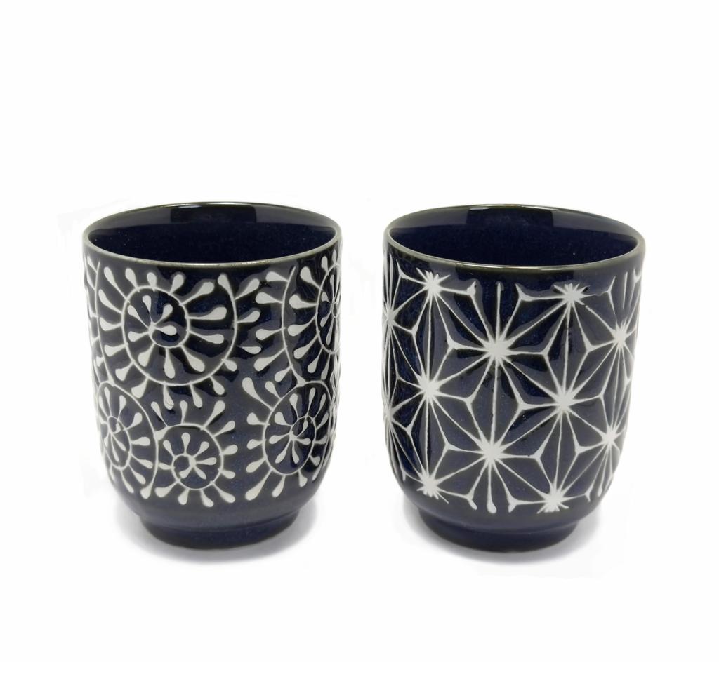 Mino Ware BIfuu Barrel Shaped Hemp Leaf Karakusa Japanese Teacup Set