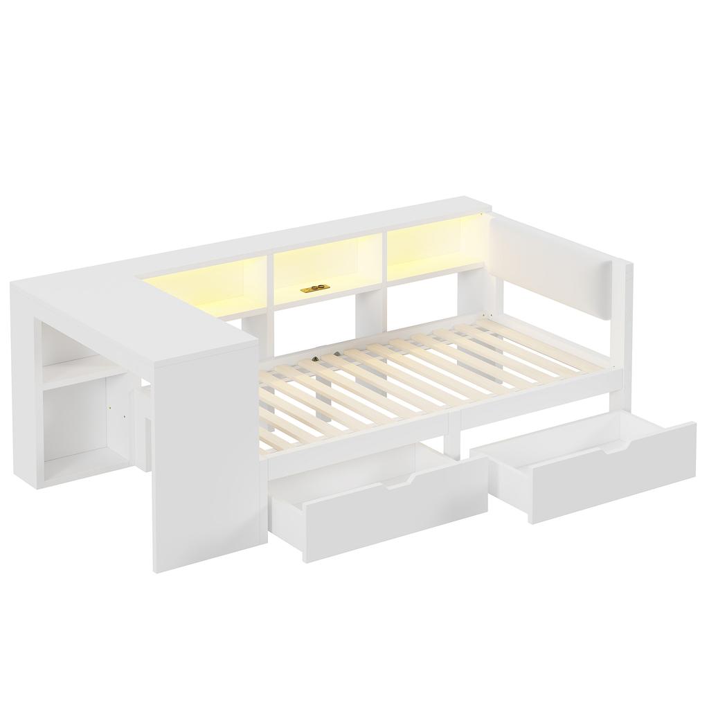 90x200 Wood Platform Bed with Shelves, Drawers, Charging Station and Upholstered Headboard, With Colorful LED Lights, White