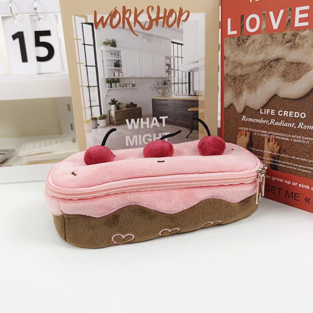 Cute Plush Cherry Cake Pencil Case High Value Large Capacity Cosmetic Bag Student Stationery Bag Storage Bag