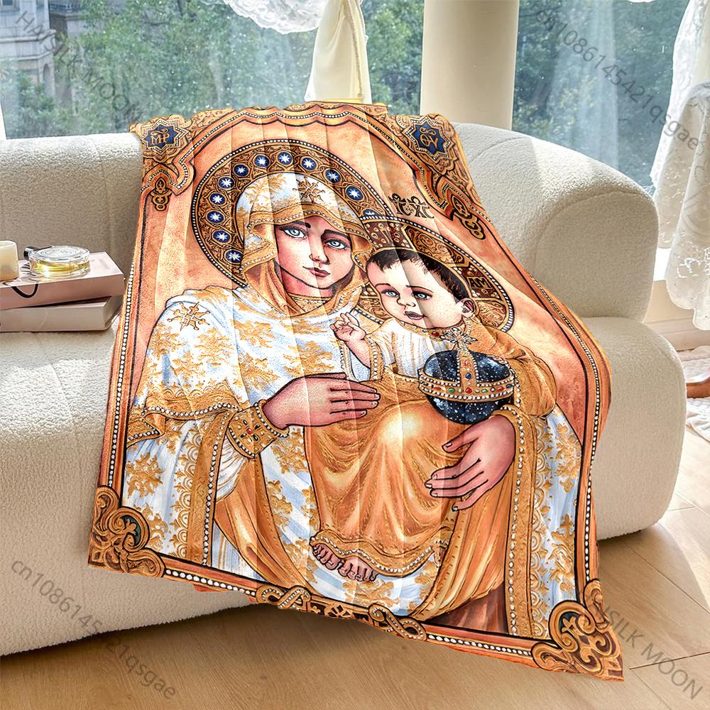 1PC Religious icon with golden details Faith-printed Flannel Blanket Soft and Warm Suitable for Home Travel Picnics Camping RV