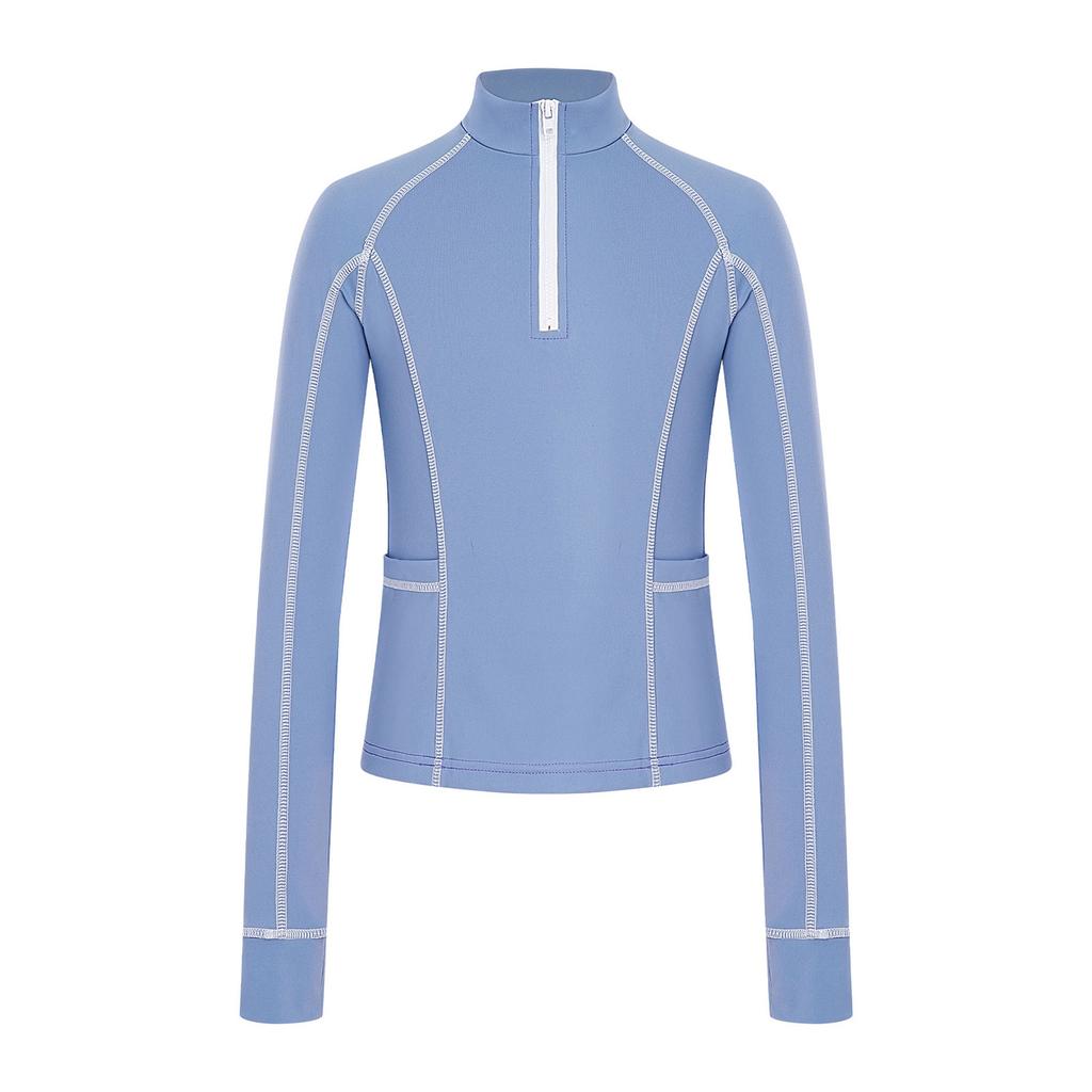 Детская рубашка для девочек для верховой езды с воротником-стойкой, длинными рукавами, отверстиями для большого пальца, застежкой-молнией, пуловер, спортивный топ с карманами