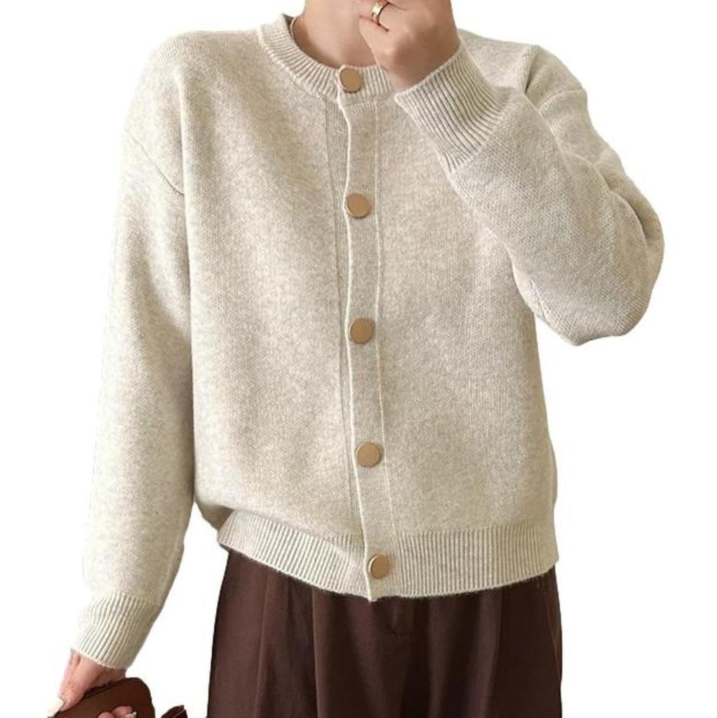 Knit Cardigan for Gold Round Front Long Loose Easy Adult Adult Adult Slender for Easy To Put Beige Women, Buttons, Neck, Buttons, Sleeves, Silhouette,