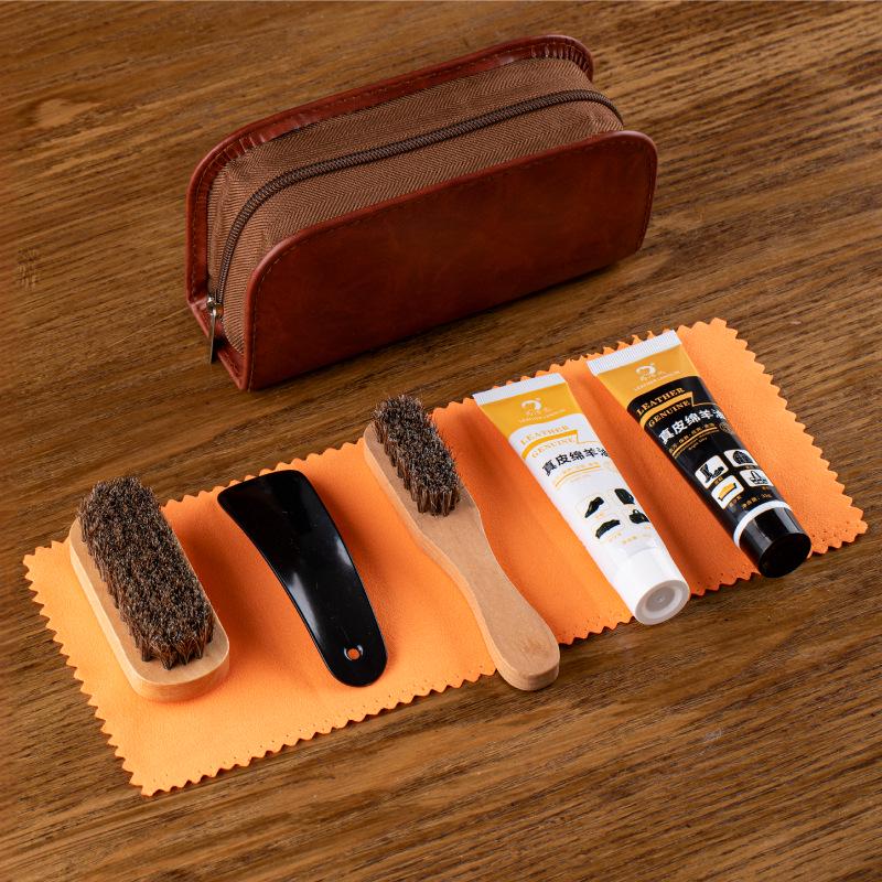 Набор из 7 предметов Love Orange для чистки обуви из конского волоса и ухода за кожей - Черный и бесцветный очиститель с инструментами для ухода