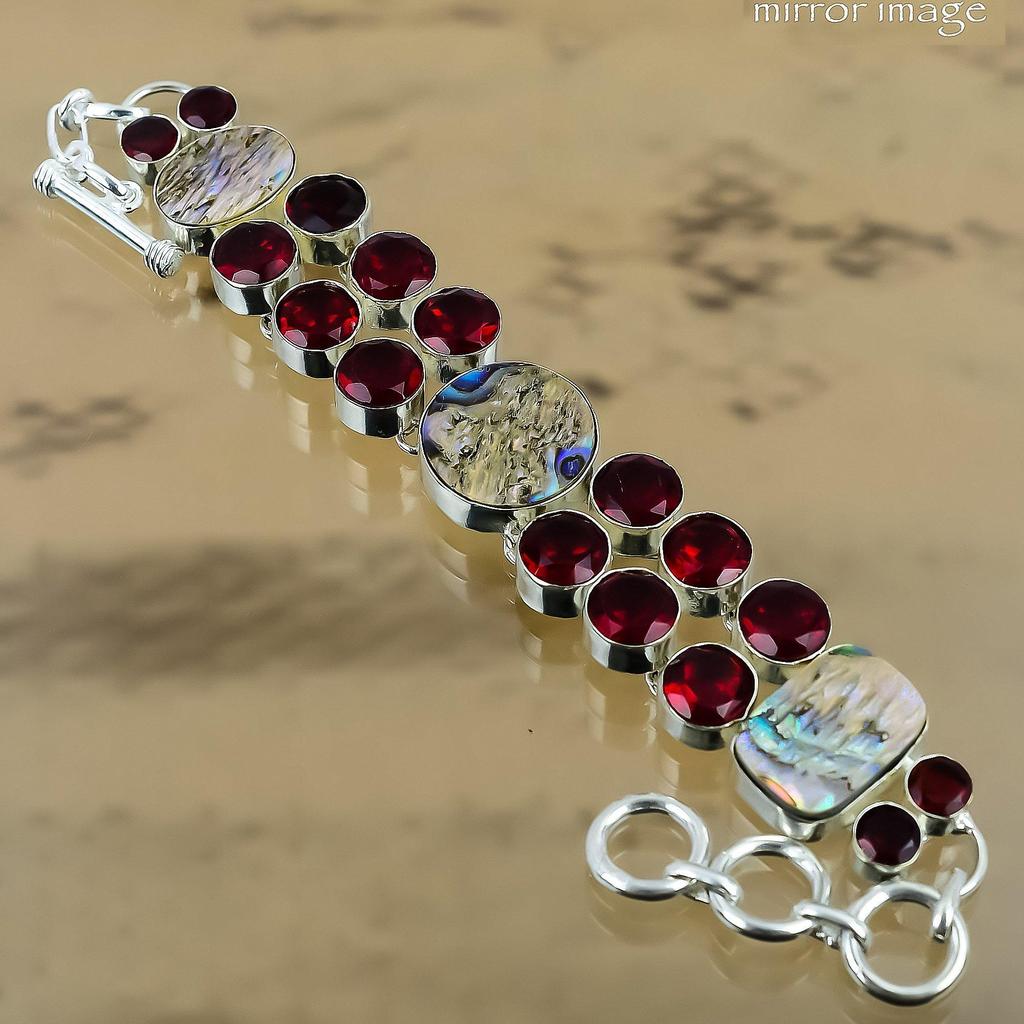 925 Silver Abalone Shell Stone Mozambique Garnet Sister Chain Bracelet Jewelry