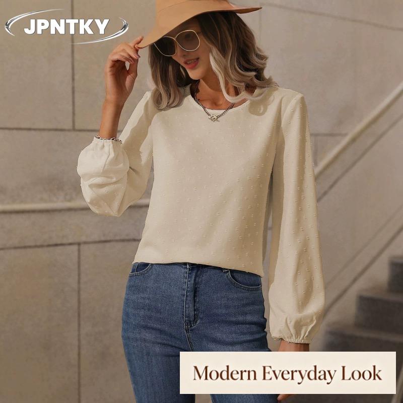 Женская модная повседневная блузка-рубашка JPNTKY, однотонная, с принтом, с круглым вырезом, с длинным рукавом