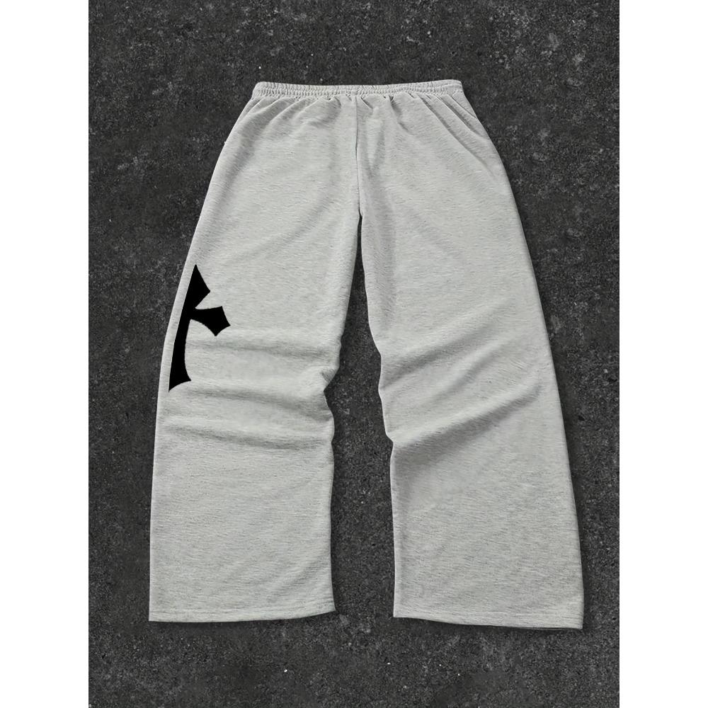 Men's Cross Pattern Letter Printed Drawstring Waistband Casual Black Sports Pants, Fashionable Straight Tube Streetwear Design