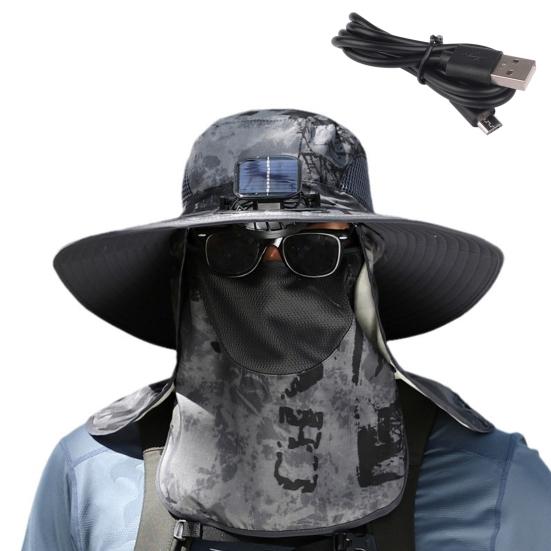 Мужская рыбацкая шляпа с солнечным вентилятором и съемной передней крышкой с большими полями и полой сеткой. Зарядка через USB. Защита от ультрафиолетового излучения и солнечного света. Отличная воздухопроницаемость.