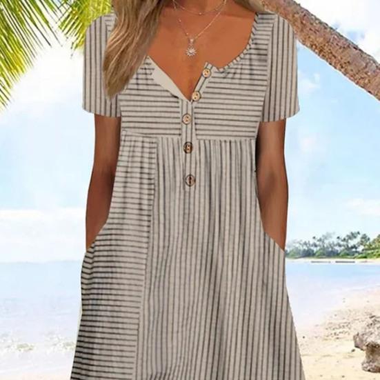 Summer Women Dress A-line Loose Hem Pleated O Neck Half Button Closure Short Sleeve Loose Side Pockets Retro Floral Print Mid-calf Length Commute