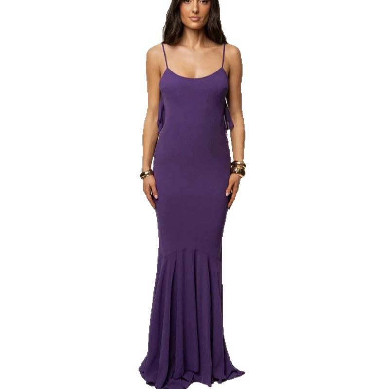 European and American new temperament slim fit solid color elegant dress dress backless ruffle edge splicing dress