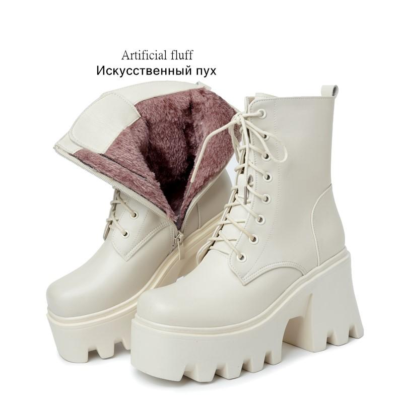 Модная женская обувь до щиколотки AIYUQI на платформе и высоком каблуке 2025 из натуральной кожи, шерстяные теплые зимние ботинки, женские модные ботинки в байкерском стиле на шнуровке