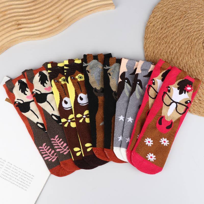 1/5 пар Женские мультяшные носки с принтом лошадей и животных, смешным узором лошадей, длинные носки в стиле комикс, уличные носки для скейтборда