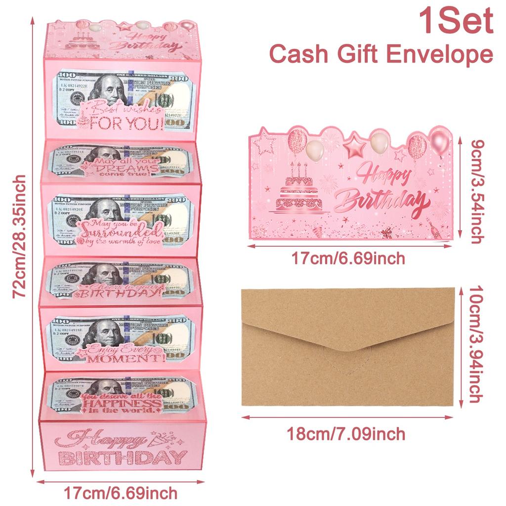 1pc Pink Happy Birthday Money Holder Card Glitter Balloons Cake Pattern Folding Money Envelope for Birthday Party Cash Supplies