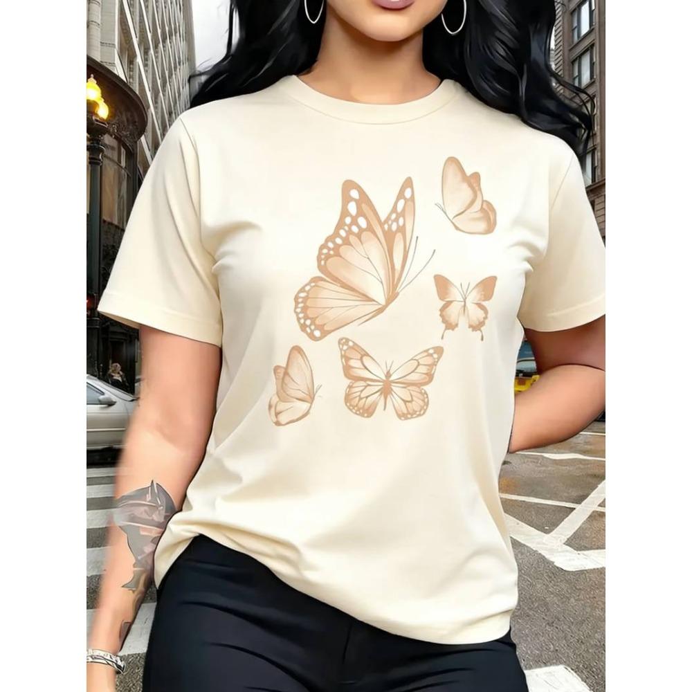 Women Crew Neck Short Sleeve T-shirt Gradient Butterfly Graphic Tee Casual Loose Daily Wear Ladies