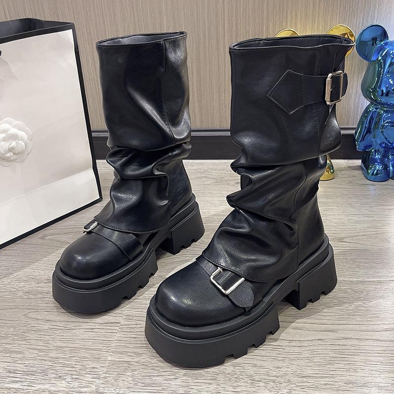 Pleated Retro Round-headed Muffin Medium Boots Women's Autumn and Winter Belt Buckle Stacked Boots Thick-soled Thick-heeled Martin Boots