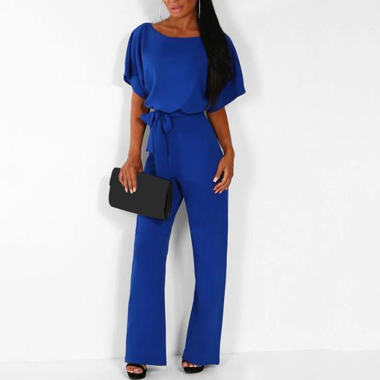 Women Jumpsuit with Lace-up Belt Wide Leg Short Sleeves Pure Color O Neck High Waist Outfit Casual Formal Long Romper Outfit