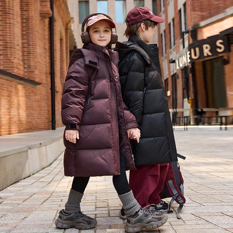 Детские пуховики для мальчиков и девочек, новое стильное зимнее пальто средней длины с утолщенным белым утиным пухом
