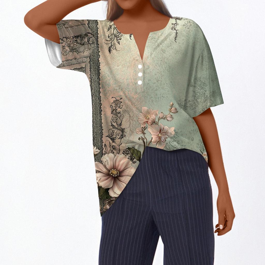 Women's T Shirt Tee Print Button Short Sleeve Daily Weekend Fashion Basic V- Neck Regular Top