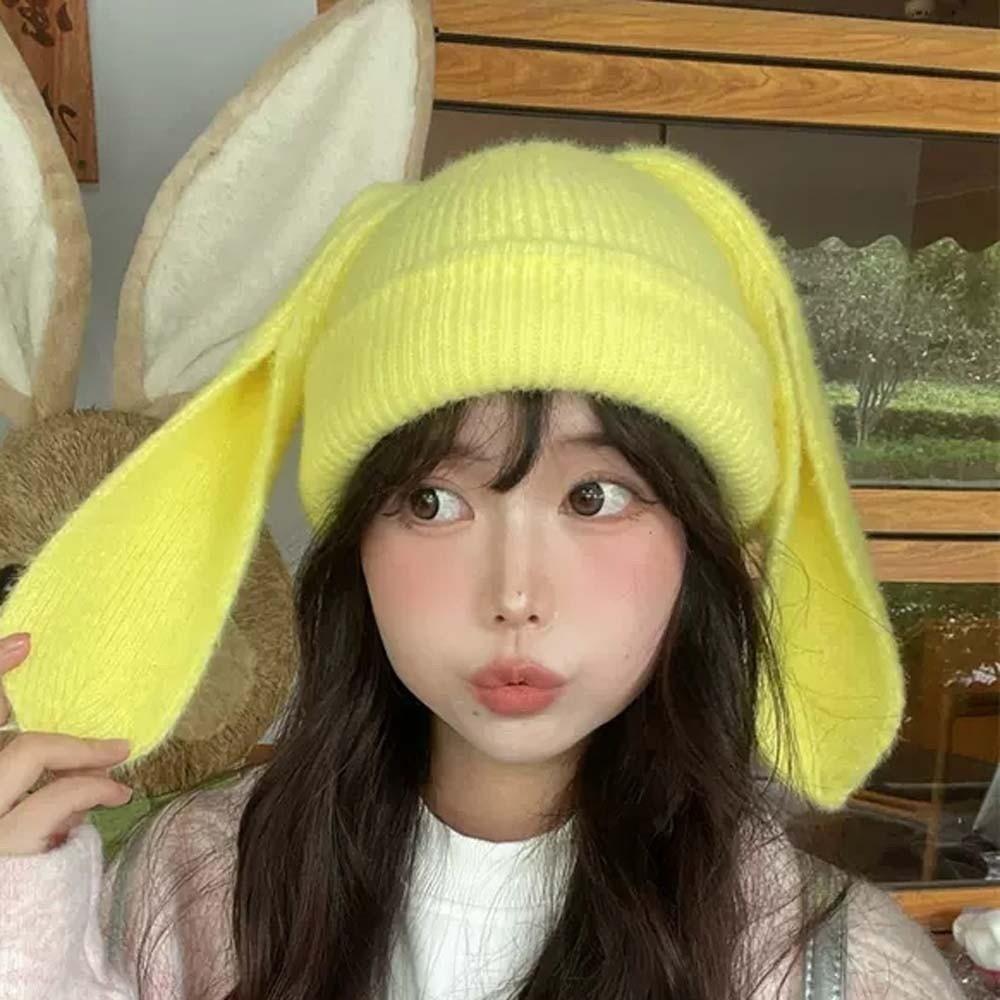 Korean Style Rabbit Ears Cap Elastic Solid Color Knitted Hat Woolen Hat Brimless Beanie Hat Couple
