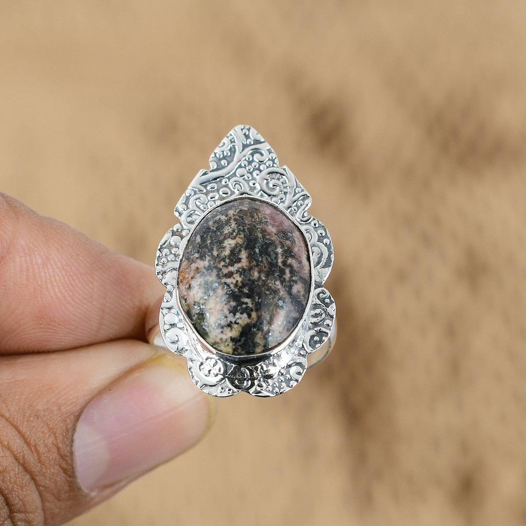 Gift For Her 925 Silver Natural Rhodonite Gemstone Multi Stone Adjustable Ring