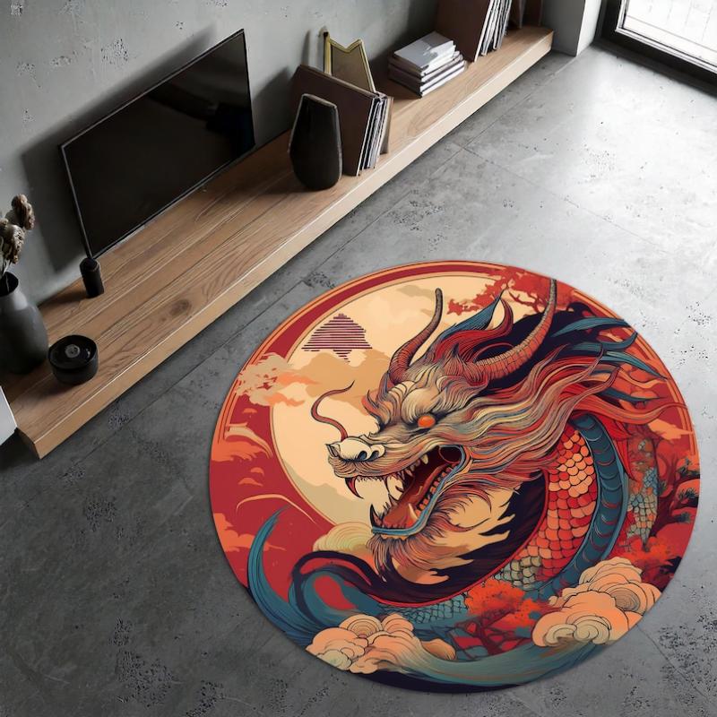 Red Gold Dragon Print Round Rug - Asian Oriental Loong Pattern Carpet Non-Slip Floor Mat for Home Decor Zen Room Luxury Gift