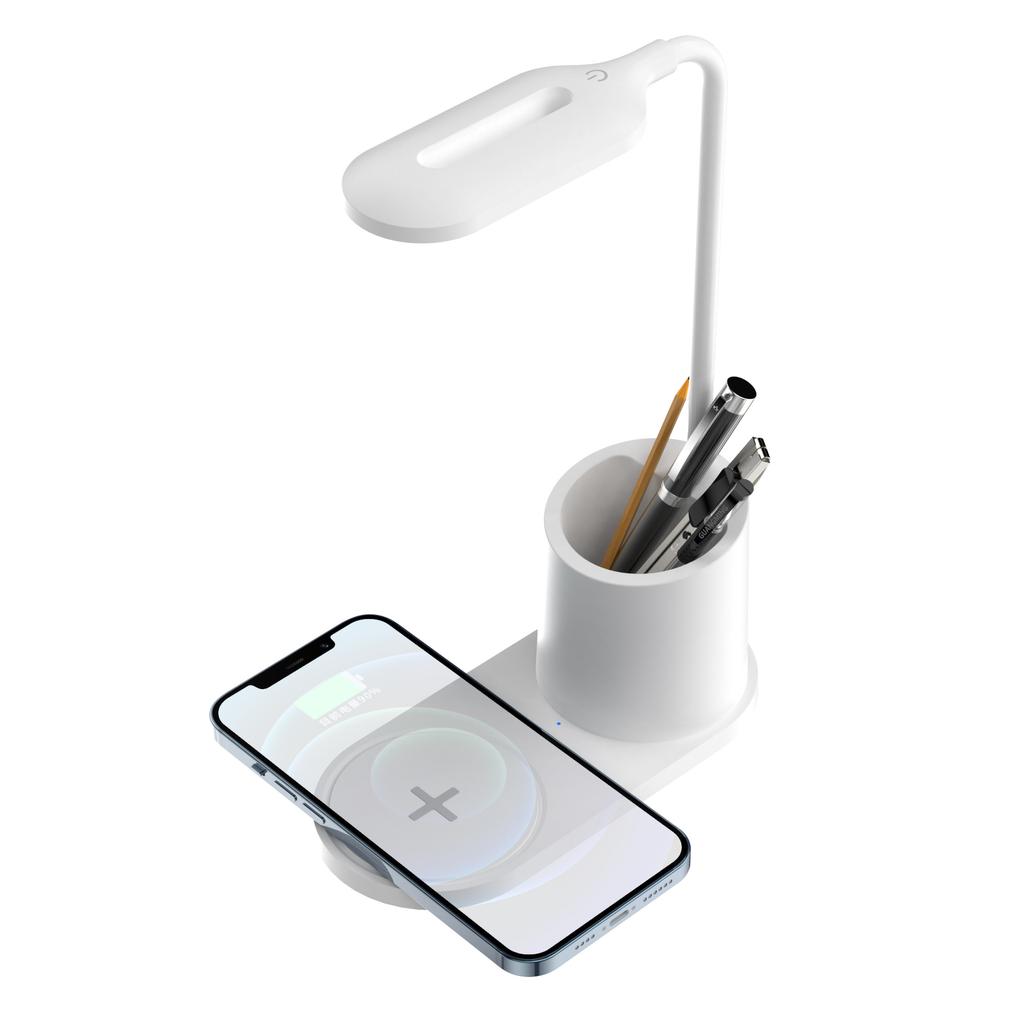 3-in-1 Pen Holder Desk Lamp with 15W Wireless Fast Charging, QC2.0 Protocol, TYPE-C Power, 360° Flexible Pole & 3-Color Stepless Dimming