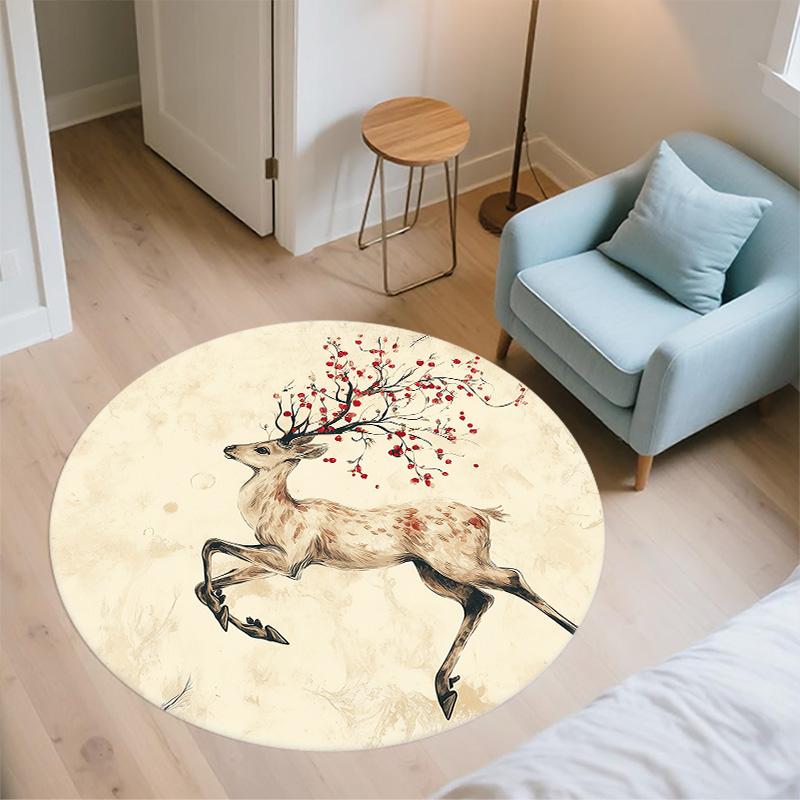 Бегущий олень, Круглый ковер, Ковер для гостиной, спальни, дивана, игровой комнаты, Декор, Нескользящий коврик для пола